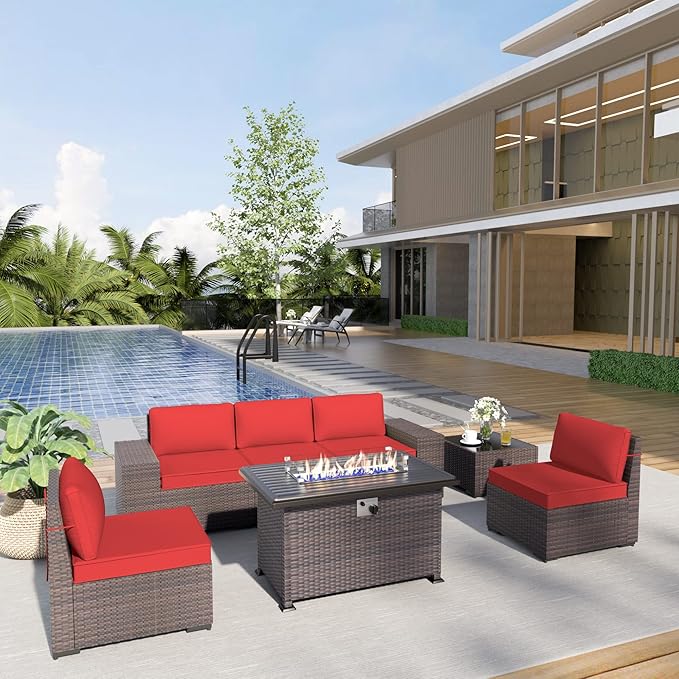 Patio Furniture Sectional Sofa Set 7-Pieces PE Rattan Patio Conversation Set w/43in Gas Fire Pit Table, Outdoor Furniture with 55000 BTU Propane Fire Pit, Red