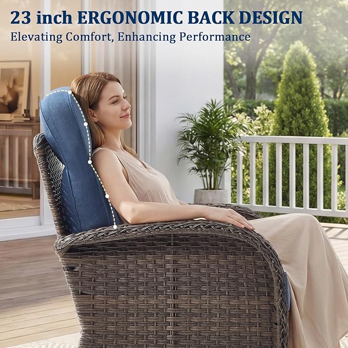 Outdoor Swivel Rocking Chair Patio Set (6PCS), High-Back - Thick Cushion Swivel Rocking Chair Patio Set, All-Weather Wicker Patio Furniture Set, Suitable for Balcony Patios, Brown/Blue