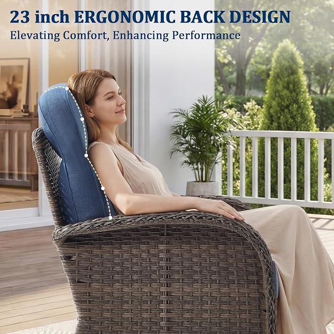 Outdoor Swivel Rocking Chair Patio Set (12pcs) High-Back - Thick Cushion Swivel Rocking Chair Patio with Sofa Set, All-Weather Wicker Patio Furniture Set, Suitable for Balcony Patios, Brown/Blue