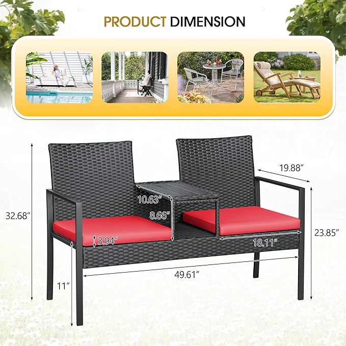 Devoko Patio Conversation Sets Outdoor Loveseat with Built-in Table & Cushions Wicker Patio Furniture Porch Chairs Bench for Lawn, Backyard, Balcony (Red)