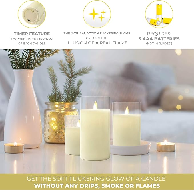 LumaBase Battery Operated Glass Hurricane LED Candles with Flickering Flame - Set of 3
