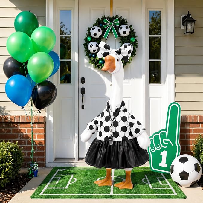 Soccer Porch Goose Outfit Black and White Soccer Goose Clothes Ball Dress Skirt with Bow Headband Whistle Sport Geese Costume for 17-23 Inch Cement Geese Statue Outdoor Garden Lawn Yard Decor