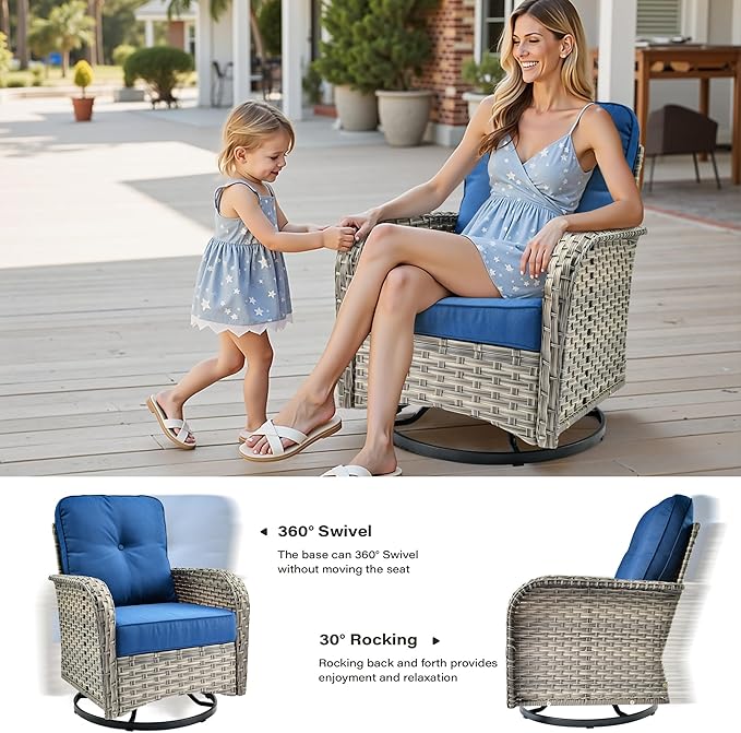 8 Pieces Outdoor Sectional Patio Furniture Set with Swivel Rocking Chairs,Conversation Sets Rattan Wicker L Shaped Couch,Modular Outdoor Sofa for Porch Balcony Backyard Navy Blue