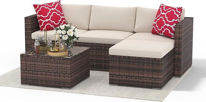 GAOMON 5-Piece Patio Furniture Set, All-Weather PE Rattan Sectional Sofa, Modular Outdoor Conversation Set with Metal Frame, Brown & Beige