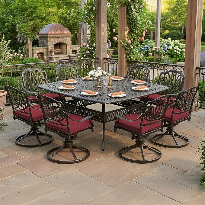 VIVIJASON 9-Piece Outdoor Furniture Dining Set for 8, All-Weather Cast Aluminum Patio Table and Chairs Set with 8 Swivel Rocker Chairs, 64" Large Square Dining Table with 2.2" Umbrella Hole, Red