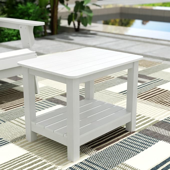 WestinTrends Tuscany Outdoor Side Table, All Weather HIPS 2 Tier Adirondack Small Patio Table with Storage, White