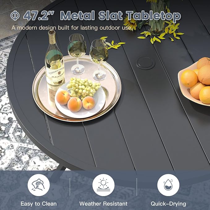 VICLLAX Round Patio Dining Table for 4-6, Outdoor Metal Dining Table with Umbrella Hole for Deck Lawn Garden Backyard, 47.2" Black