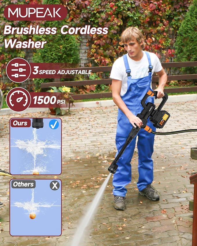 Brushless Cordless Washer, 1500PSl-Cordless Washer with 2 Batteries, 6-in-1 Nozzle/3-Modes Adjustable, 21V 4.0Ah Portable Washers Battery Operated for Car Home, Black
