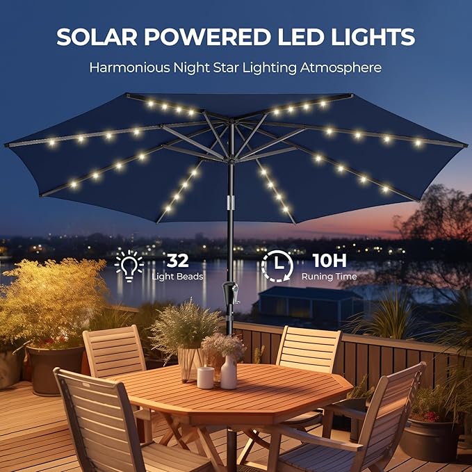 HOMSHADE 9ft Solar Patio Umbrella - Solar Lights LED Lighted Outdoor Market Table Umbrella, UPF50+ UV Protection with Push Button Tilt, Crank for Pool Deck and Garden (Navy Blue)