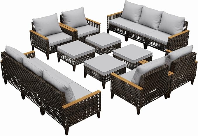 14 Piece Patio Sectional Sofa Furniture Set, All-Weather Wicker Rattan Outdoor Conversation Set with High Back and Thick Cushions, for Garden, Porch, Poolside, Gray
