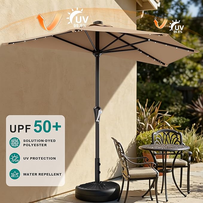 AreShark 9ft Patio Half Umbrellas with Solar Lights, 1/2 LED Half Outdoor Umbrella w/ 20 LED Lights, Lighted Table Wall Umbrella with Crank & 5 Sturdy Ribs for Market, Pool, Deck, Lawn and Garden, Beige