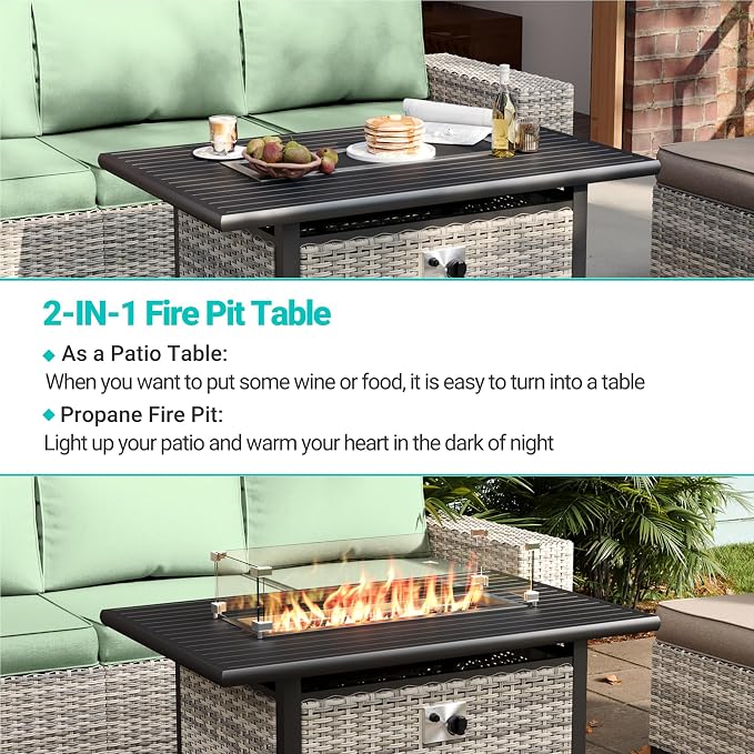 15-Piece Outdoor Patio Furniture Set with 55,000 BTU Fire Pit Table, PE Wicker Rattan Sectional Sofa Conversation Set - All-Weather Garden, Backyard Furniture, Light Green