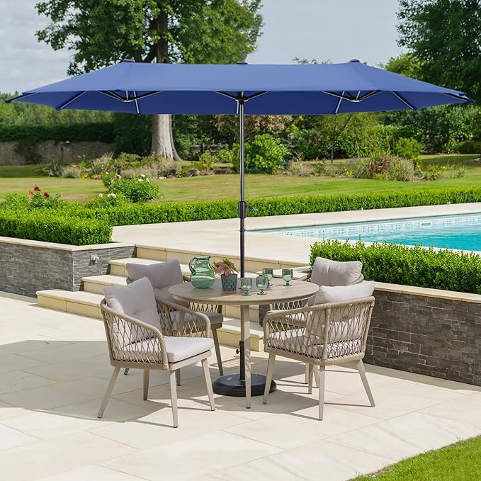HERA'S PALACE 13 ft Large Patio Umbrella Double-Sided Twin Outdoor Market Umbrella with Crank, Powerful UV Protective, Haze Blue