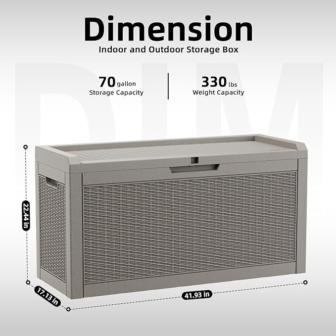 Vixzen 70 Gallon Deck Boxes Outdoor Waterproof, Lockable Resin Storage Box with lid for Furniture Cushions, Weatherproof Containers Outside Storage Boxes for Garden Patio Pool Tools(Grey, 70 Gallon)
