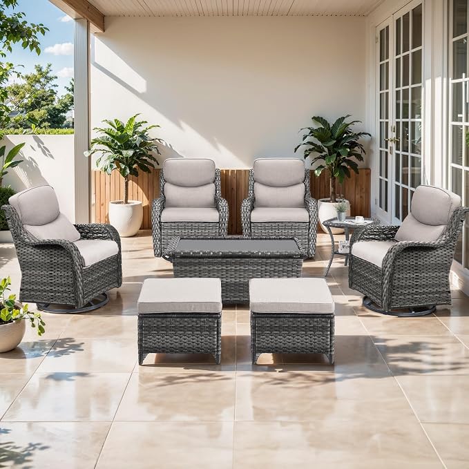 Outdoor Swivel Rocker Patio Chairs Set of 4 with Ottoman Coffee Table - 5" Thick Cushion 8 Piece Furniture Set All Weather Comfortable Wicker Conversation Set for Porch Deck - Gray/Beige