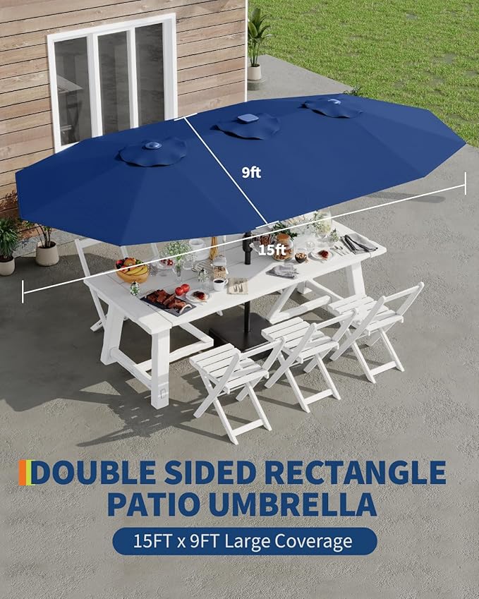15FT Solar Patio Umbrella with 36 LED Lights, Weighted Base Included, Tilt and Crank Market Umbrella for Backyard, Garden, Deck, Pool, Beach