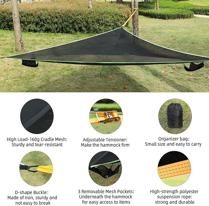 Triangle Hammock, 13ft Camping Hammock with 3 Ratchet Tie Down Straps and Storage Bag, 3 Point Hammocks Portable Max 800 Lbs for 2-3 Adult Kid, Multi Person Tree Hammock for Outside Travel