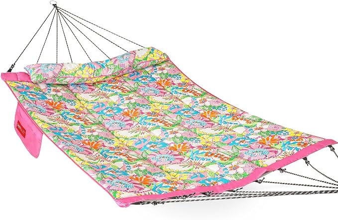 Lazy Daze Hammocks 12 FT Quilted Fabric Hammock with Curved Aluminium Spreader Bar, Double Hammock for Outside with Soft Pillow & Side Pocket 450 Lbs Capacity, Pink Floral