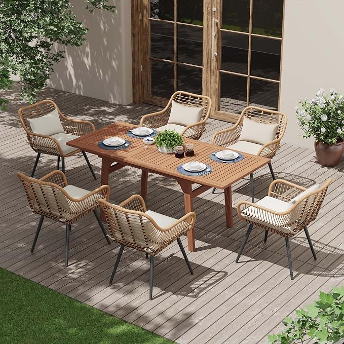 JOIVI Outdoor Dining Set for 6, 7-Piece Patio Table and Chairs Set, Patio Outdoor Furniture Set with Extendable Dining Table for Porch, Deck, Bistro, Backyard, Garden, Creamy White
