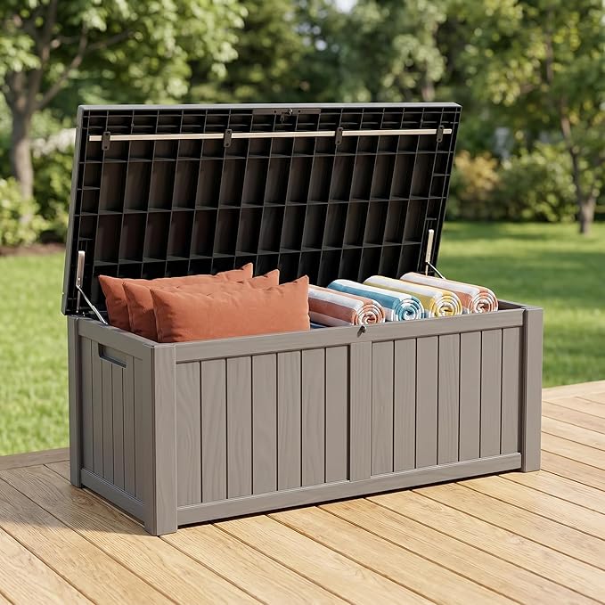 148 Gallon Resin Deck Box - Outdoor Storage Chest for Patio Furniture Cushions, Garden Tools, Pool Accessories & Backyard Organization Lockable Waterproof All-Weather Wood Grain Design, Easy Assembly