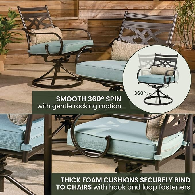 Hanover Montclair 5-Piece Outdoor Dining Set with Stamped Steel Square Dining Table and 4 Swivel Rocker Chairs with Cushions, Weather-Resistant Patio Dining Set for 4, Patio, Backyard, Deck