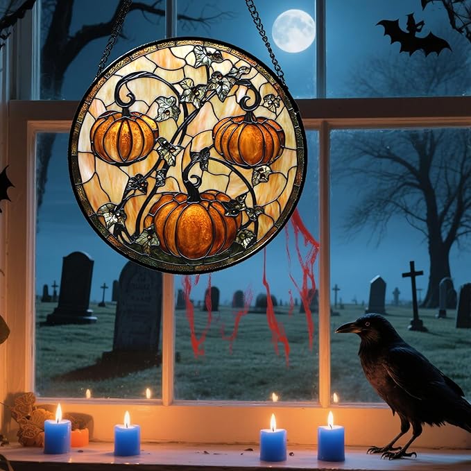 DASTOLL Stained Glass Window Hanging - Halloween Decoration Orange Pumpkin Vine Leaves Suncatcher for Door Garden Spooky Sun Catchers Gothic Decor Horror Gifts for Women Men Friend Boy Girl 6.3 in
