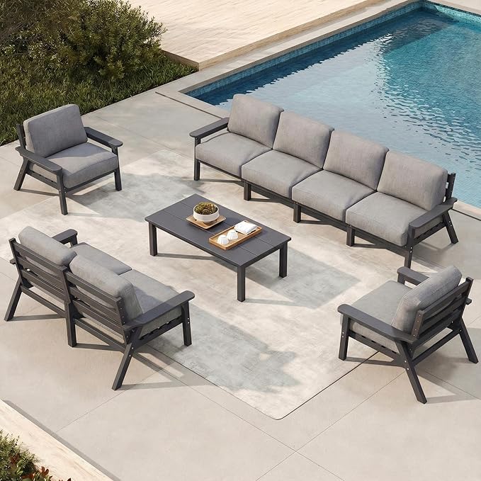 Patio Furniture Set 8 Seats, HDPE Outdoor Sectional with Gray Washable Thick Cushions, Coffee Table, Patio Conversation Sets for Lawn, Garden, Porch, Balcony, Deck (Grey Frame)