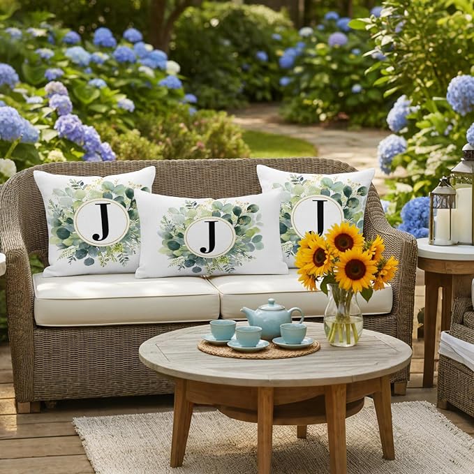 Letter J Waterproof Outdoor Pillow Covers Set of 2 Home Decor, Alphabet Green Eucalyptus Leaves Pillowcase Patio Pillow Covers for Couch Bench Patio Furniture Garden 18x18in