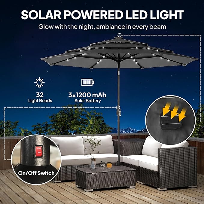 Outsunny 9.7 ft Outdoor Patio Umbrella with 32 Solar LED Lights, 3 Tier Outdoor Table Market Umbrella with Tilt and Crank, 8 Ribs for Garden, Deck, Yard, Poolside