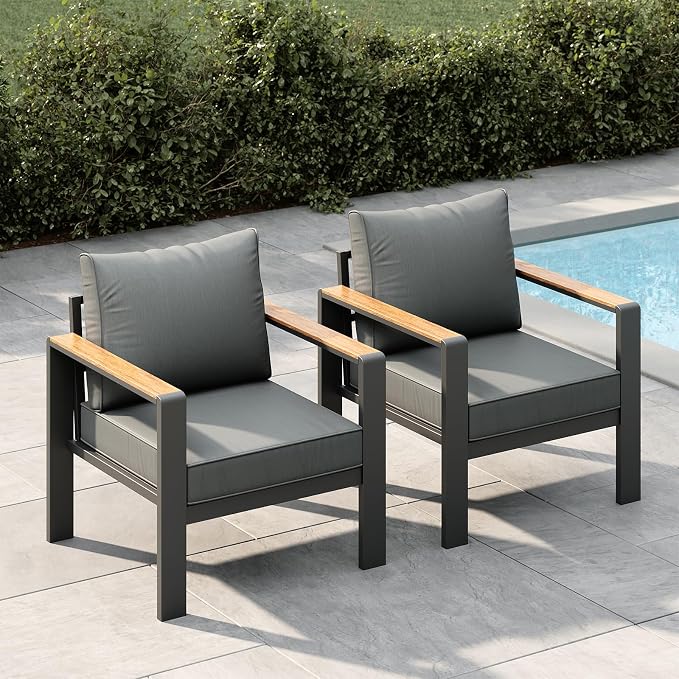 Garvee Aluminum Outdoor Patio Furniture Single Cushioned Sofa Armchair 2 Pcs, All-Weather Metal Outside Furniture with Washable Thick Cushion Sofa for Garden Balcony Deck Backyard, Dark Grey