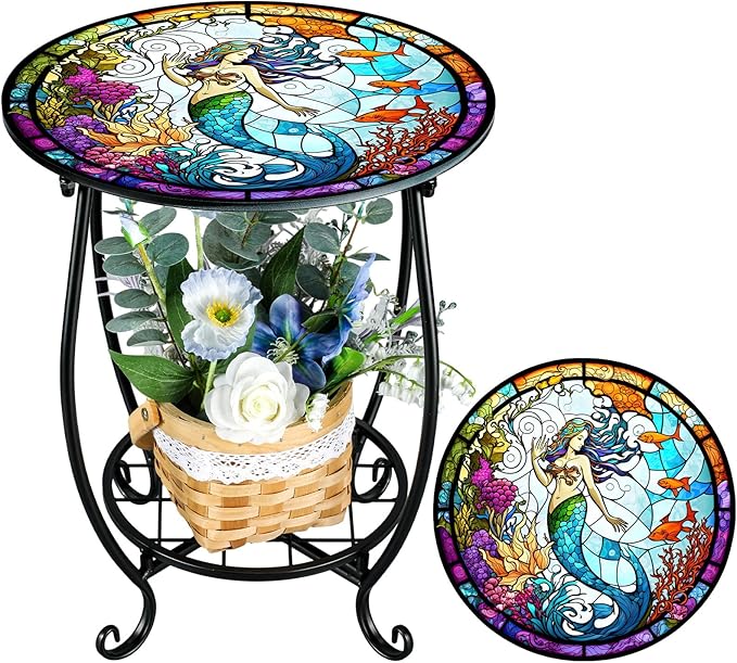 Cinnvoice Outdoor Side Table Round Small Mosaic Patio Accent Indoor End Plant Coffee Tea Table for Yard Patio Porch Garden Living Room, Bedroom(Mermaid Style,14 Inch)