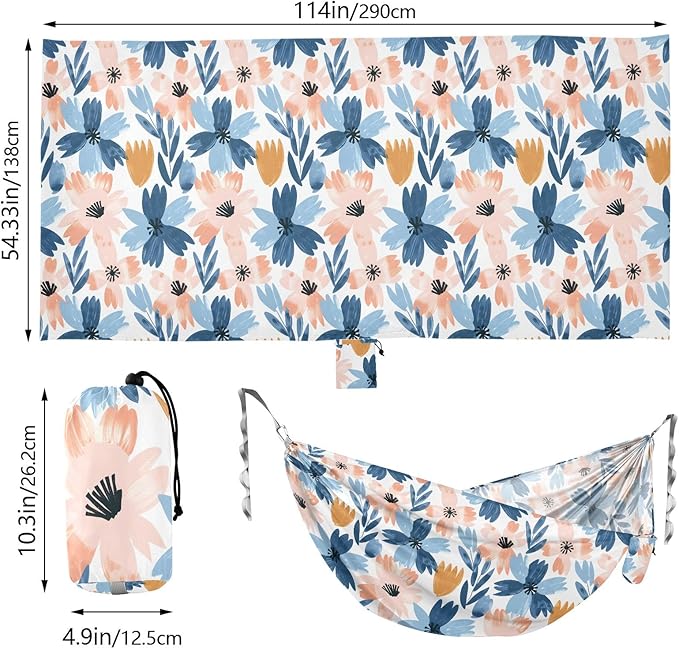 Camping Hammock Outdoor Hammocks for Outside Abstract Flowers Pink Blue Beach Trees Portable Lightweight with Pockets Tree Straps Indoor Small