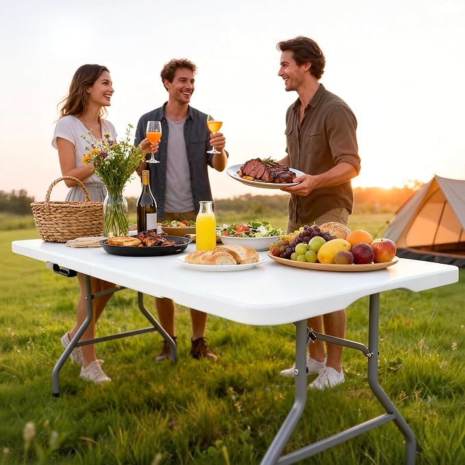Fenbeli 5FT Folding Table, 350 LBS Heavy Duty with 18% Thicker HDPE Waterproof Top, Fold in Half Portable Table with Handle, Steel Frame for Indoor Outdoor Party, Picnic & Events