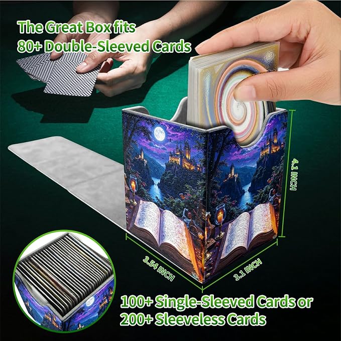 Castle Book Purple Card Deck Box for MTG, Personalized Card Storage Case Fits 120+ Sleeved Cards, Premium Leather TCG Box with Strong Magnetic Closure for Magic, CCG, PTCG, Baseball Cards