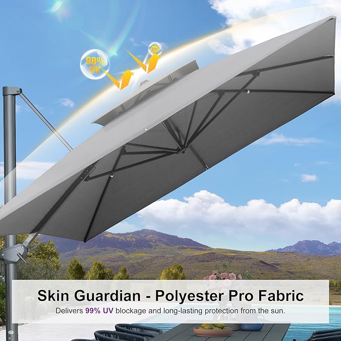 PURPLE LEAF 9' x 12' Cantilever Patio Umbrella Outdoor Umbrella with 280lbs Base Large Rectangular Windproof Offset Umbrella for Pool Deck Garden, Mist Grey
