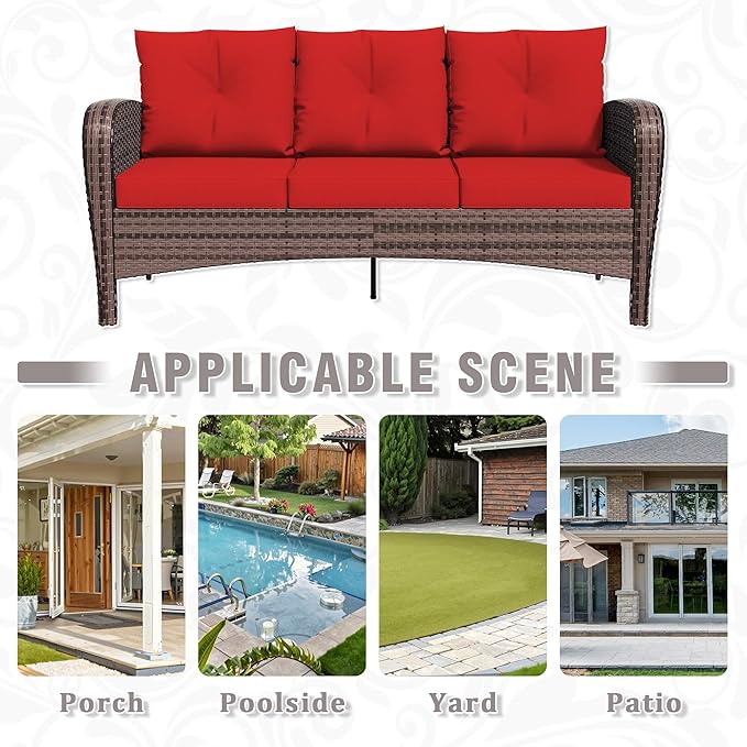 Patio 3-Seater Sofa, PE Wicker Outdoor Lounge with Thick Removable Cushions, Rust-Proof Steel Frame, 900LBS Capacity, Red