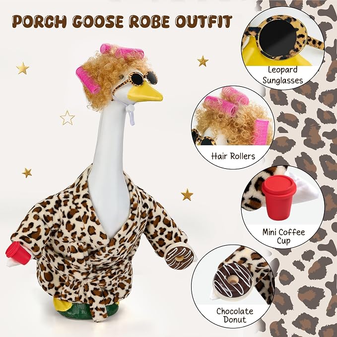 Porch Goose Robe Outfit Set for 23 Inch Goose Statue, Leopard Flannel Bathrobe with Wig Curlers Coffee Cup Donut Glasses, Funny Cozy Goose Clothes Decor (Leopard)