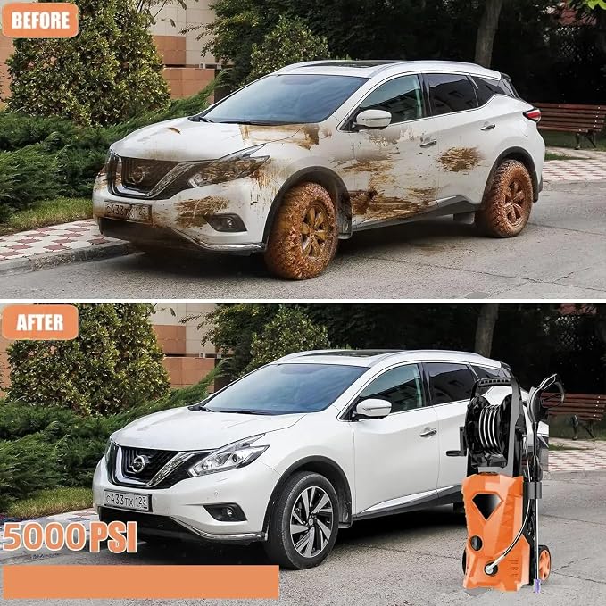 5000PSI Electric Pressure Washer 2026 2.8GPM High Power Washer with 33ft Hose Reel,4 Nozzle,and Soap Bottle for Cars/Home/Driveways/Patios/Fences,Orange