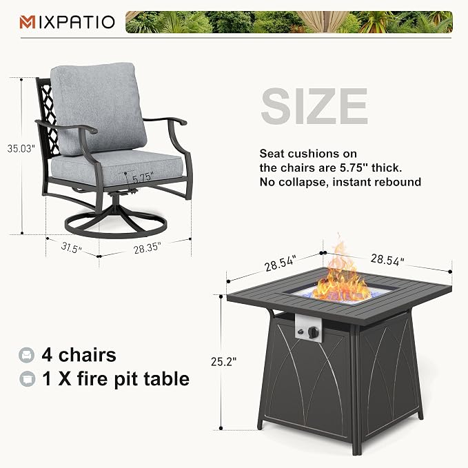 MIXPATIO Patio Furniture Set with Fire Pit Table, 5 Pcs Metal Outdoor Conversation Set, 4 Swivel Chairs with 5.75" Extra Thick Cushion and 28" Fire Pit Table for Backyard Deck, Grey