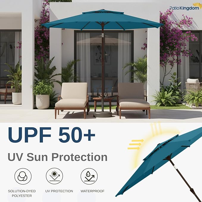 9FT Patio Umbrella 2-Tier Outdoor Market Table Umbrella with Push-Button Tilt & Crank | UPF 50+ & Waterproof for Backyard,Garden,Pool,Deck (Lake Blue)