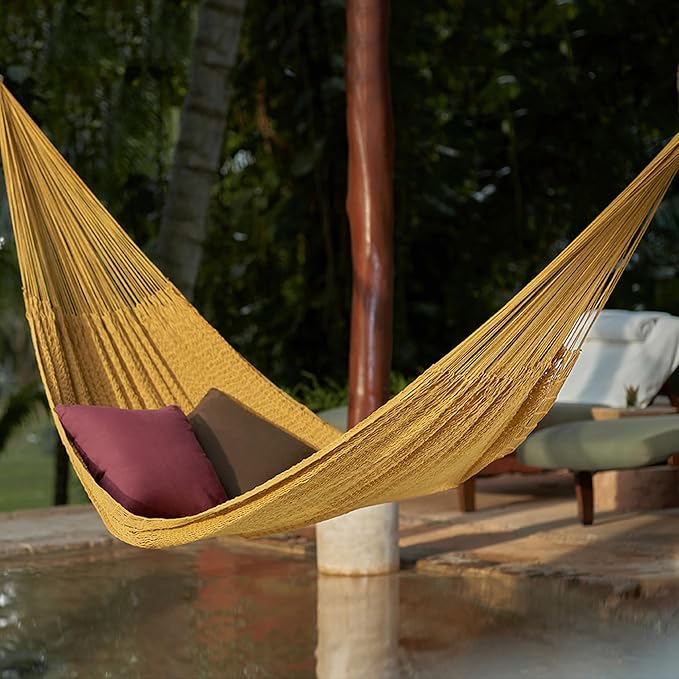 NOVICA Mustard Yellow Hand Woven Cotton Mayan 2 Person XL Rope Hammock with Hanging Accessories, 'Maya Mustard' (Double)