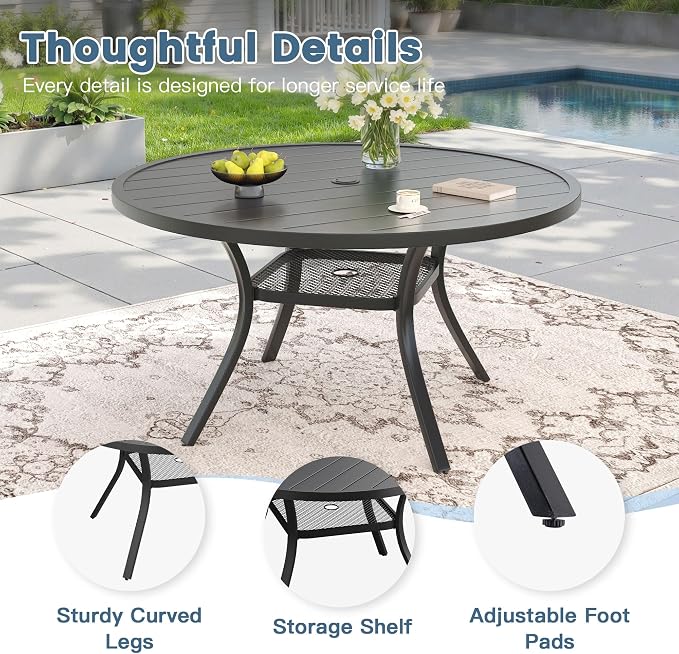 DIFY Outdoor Dining Set for 6, Patio Dining Furniture Set Includes 47.2" Black Round Table with Adjustable Umbrella Hole and 6 Grey Stackable Metal Chairs for Poolside, Garden, Backyard
