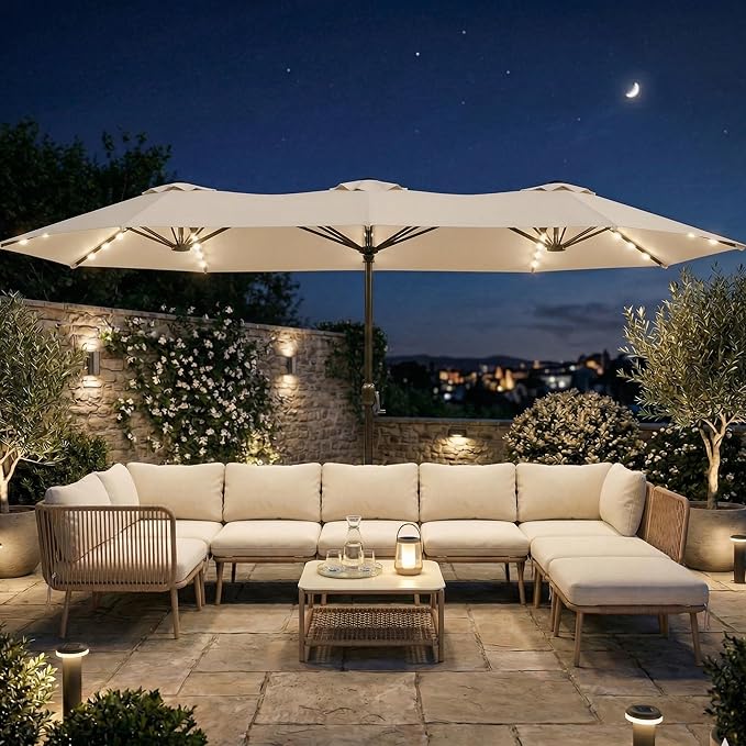 15FT Large Outdoor Patio Umbrella with Solar Lights and Base, Double-Sided Table Umbrellas with 48 LED Lights, Rectangle Market Umbrella for Pool, Deck, Backyard