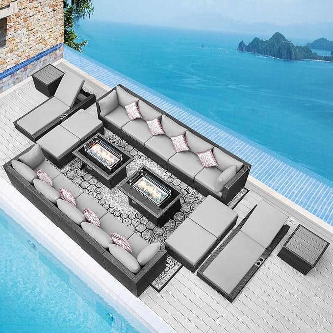 NICESOUL 20 Piece Extra Large Patio Furniture Set w/Fire Pit Table & Chaise Lounge, Modern Luxury Outdoor Group Seating w/Firepit, Comfortable 29.3" High-Back Sectional Couch Deep Seat, Light Gray