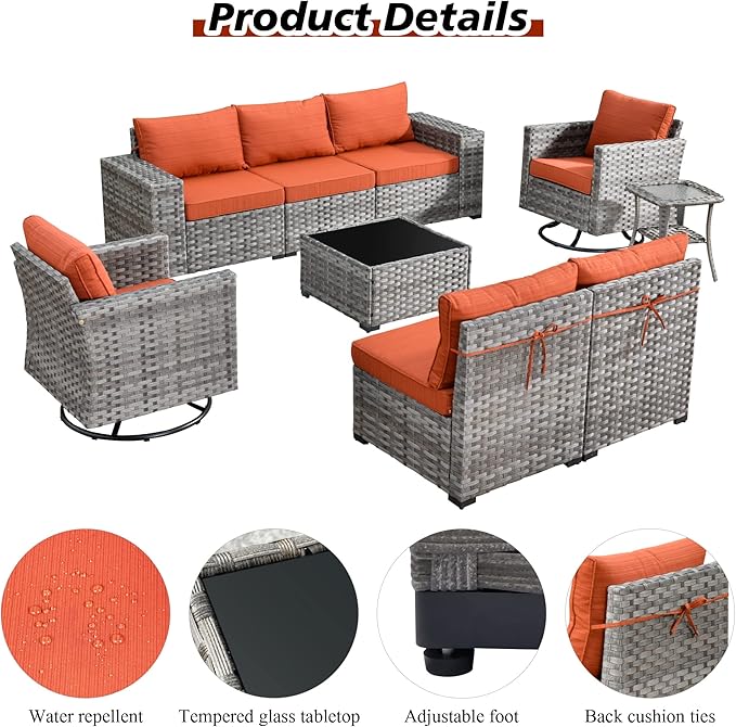 HOOOWOOO Outdoor Patio Sectional Furniture Sofa Set with Fire Pit Table,10 Piece Modern Wicker Couch with Swivel Chairs,Modular Conversation Seating Set with Widened Armrest for Garden(Orange Red)