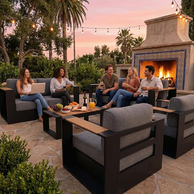 LayinSun 4 Pieces Aluminum Patio Furniture Set with Coffee Table, Oversized Outdoor Conversation Set 4 Seats with 6" Thick Cushions for Outside Porch, Balcony, Deck