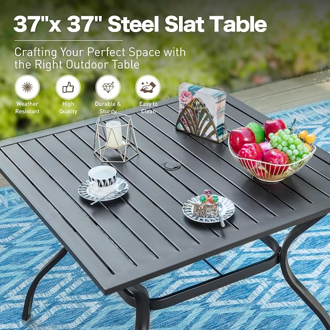 SUNSHINE VALLEY Patio Dining Set of 4, 37”Square Table with Umbrella Hole, Brown Metal Chairs x 4, Outdoor Table and Chairs for Lawn and Deck
