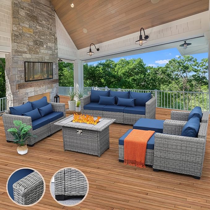 Rattaner Patio Furniture Set with 45-Inch Fire Pit 7-Piece Outdoor Furniture Sets Patio Couch Outdoor Chairs 60000 BTU Propane Fire Pit Table Non-Slip Cushions and Waterproof Covers, Navy Blue