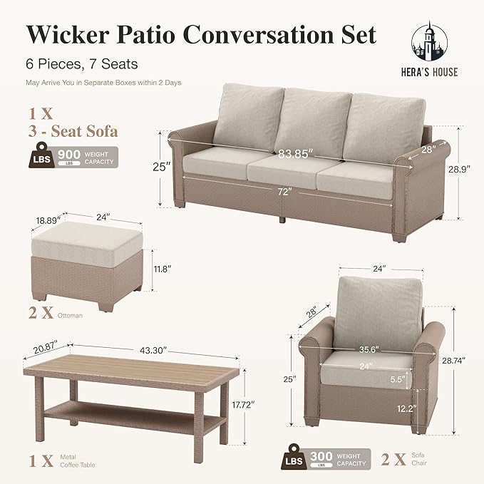 HERA'S HOUSE 6-Piece Patio Furniture Set, All Weather 7 Seats Outdoor Wicker Sofa with Ottomans, Rattan Patio Conversation Set with 5.5" Cushions and 44" Coffee Table, Beige