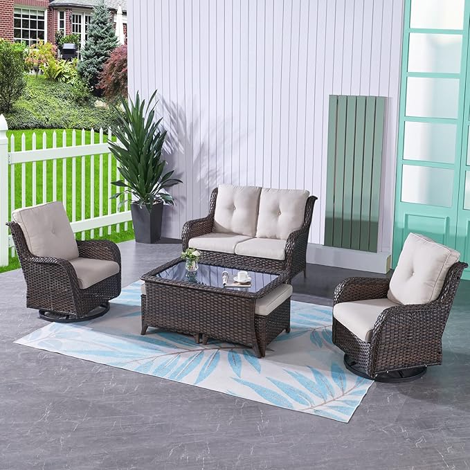 HUMMUH 6 Pieces Outdoor Patio Furniture Set Wicker Swivel Patio Chairs with Ottomans 2 Seater Outdoor Sectional Sofa/Patio Loveseat with Coffee Table